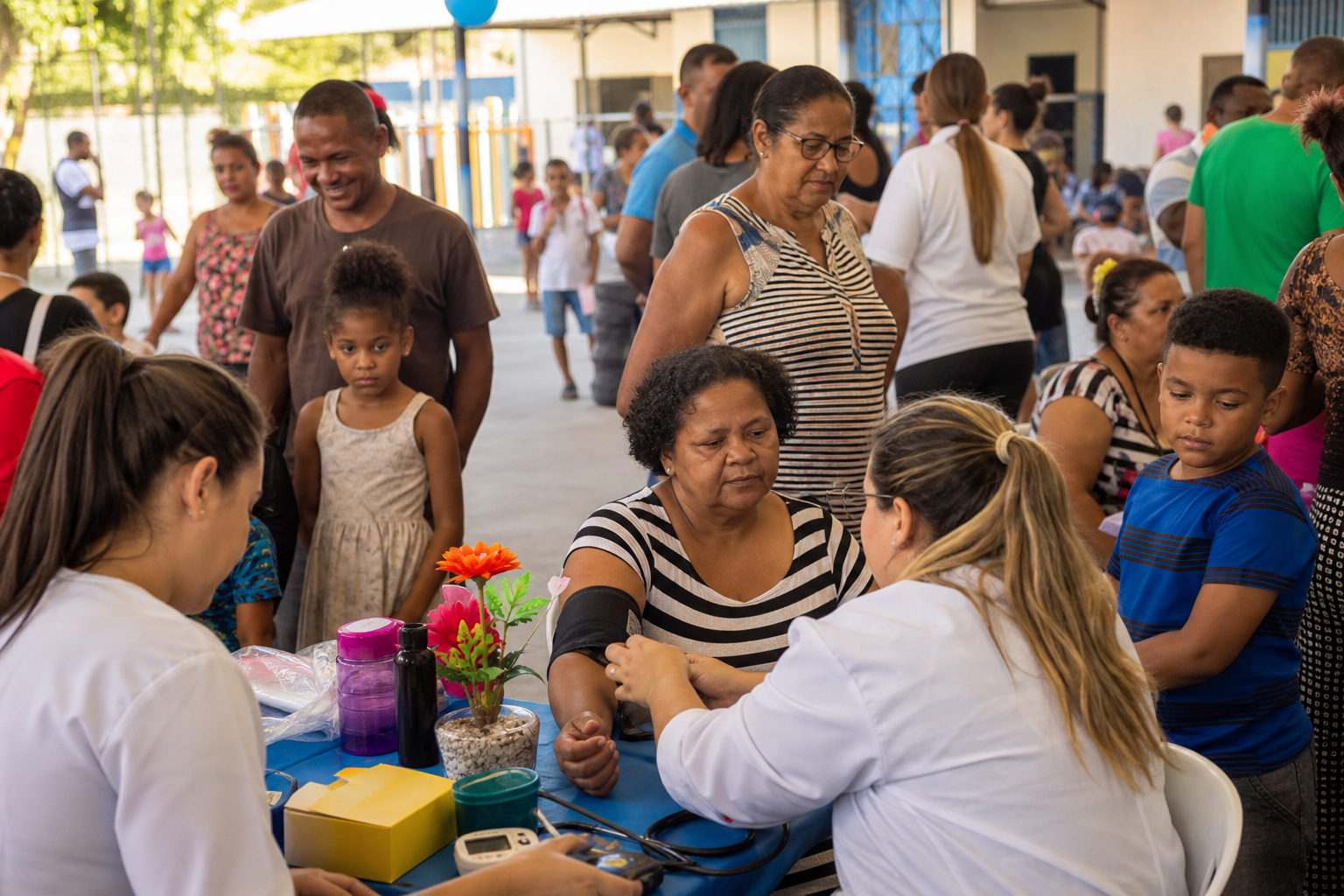Comunidade diversa reunida em ação de saúde visual.