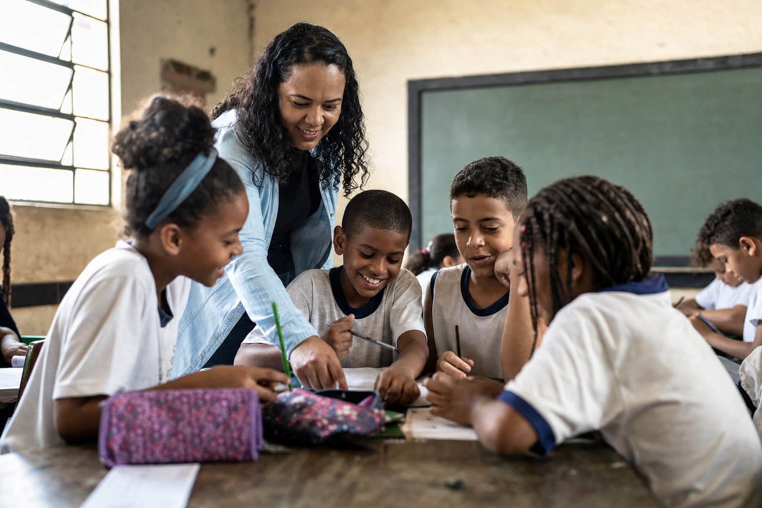 Crianças aprendendo juntas em escola.