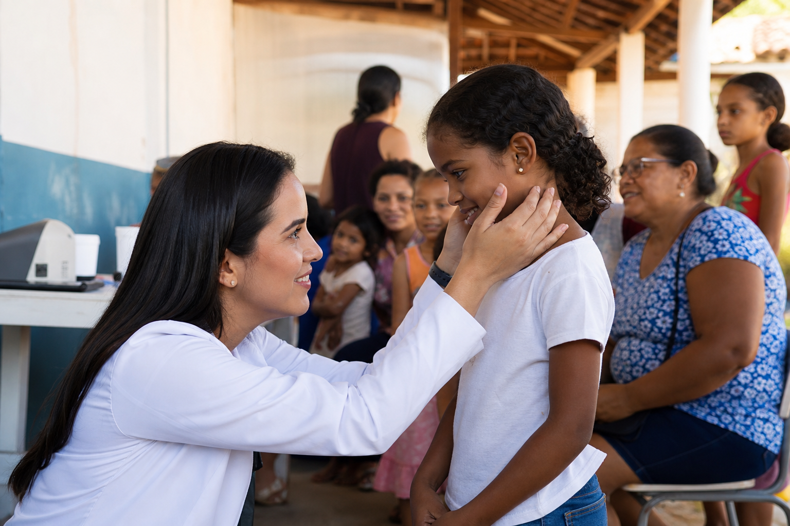 Triagem visual em campo com criança acolhida por profissional.