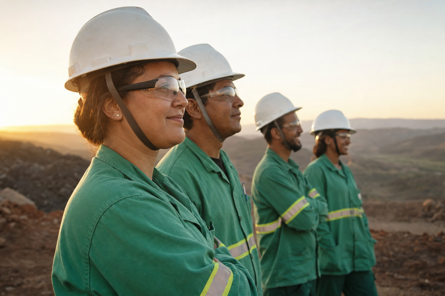 Equipe industrial com EPI em contexto de segurança e ESG.