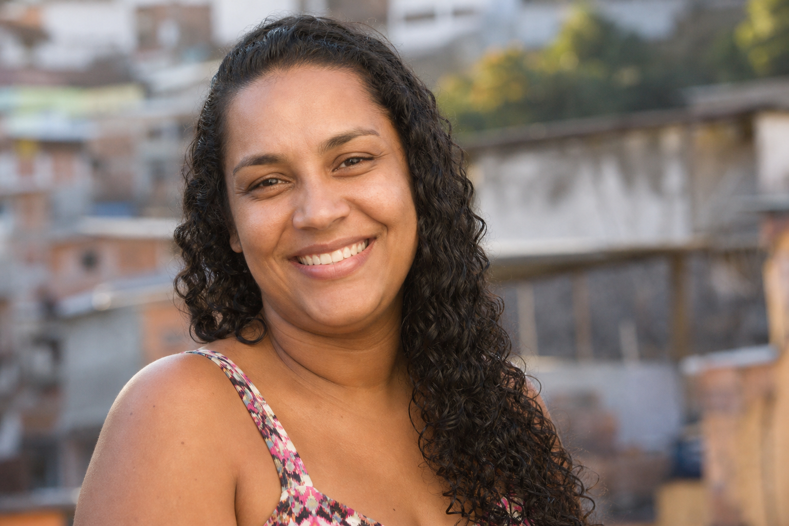 Retrato natural de mulher sorrindo.